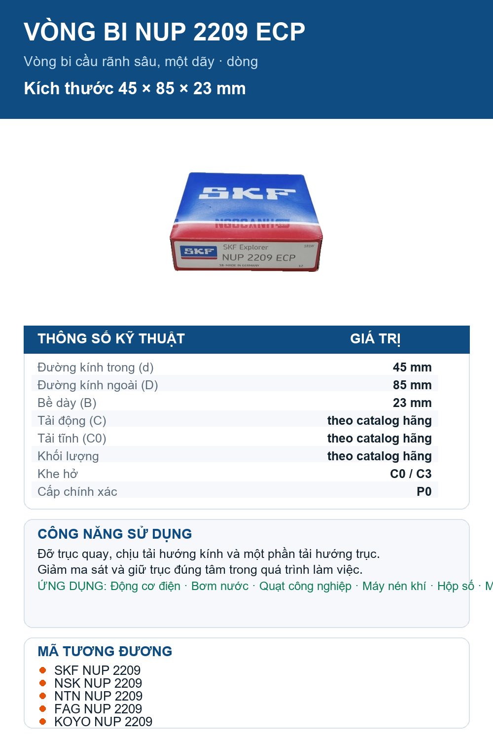 Vòng bi SKF NUP 2209 ECP 45x85x23mm — Ảnh thông số (Pinterest)