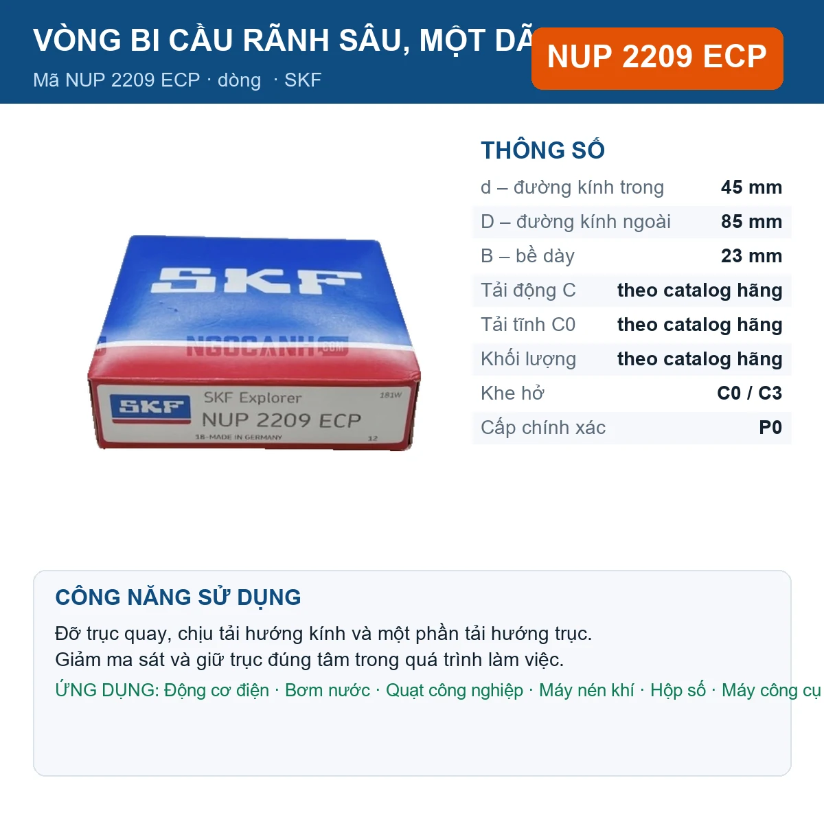 Vòng bi SKF NUP 2209 ECP — kích thước 45x85x23mm