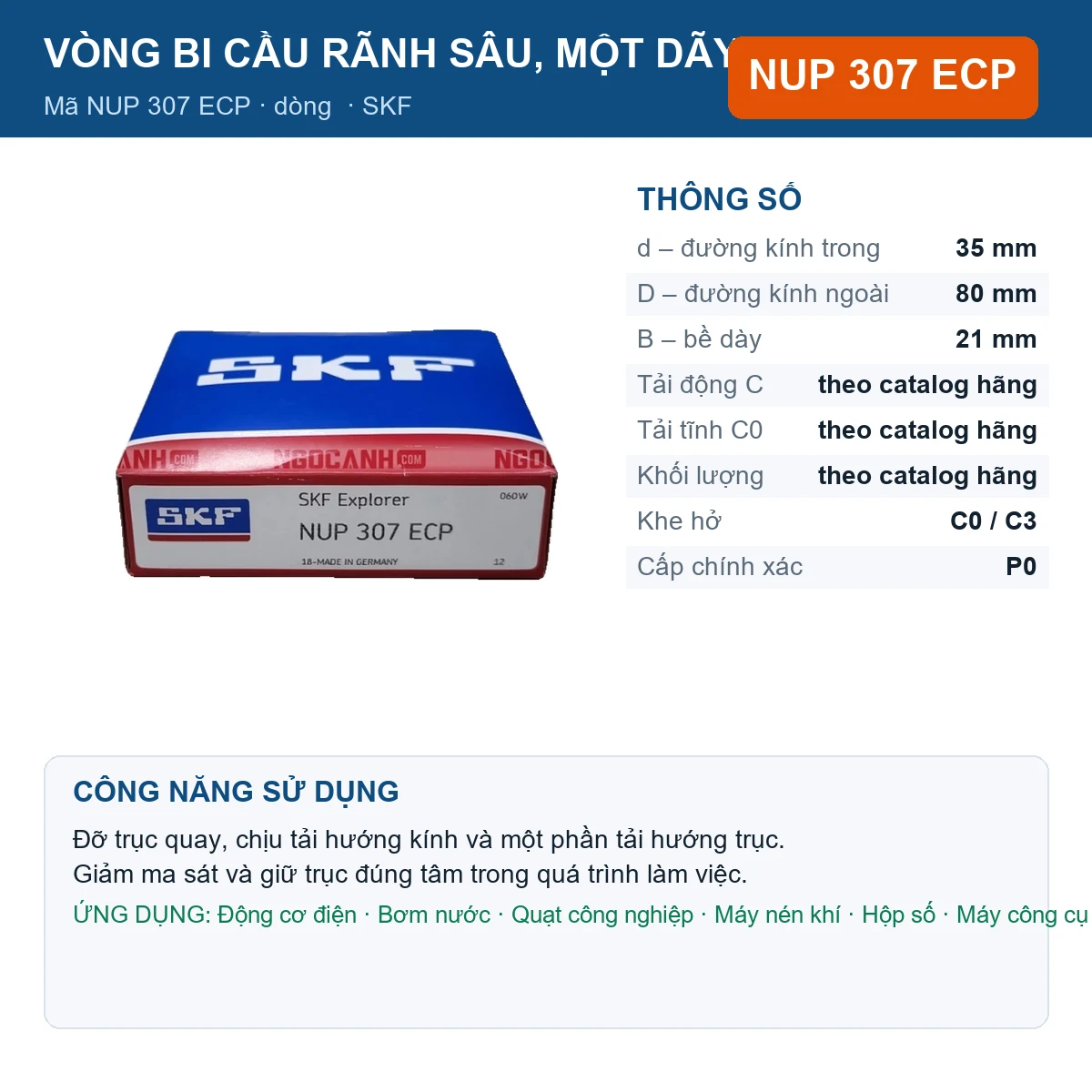 Vòng bi SKF NUP 307 ECP 35x80x21mm — Ảnh đăng sản phẩm (web)