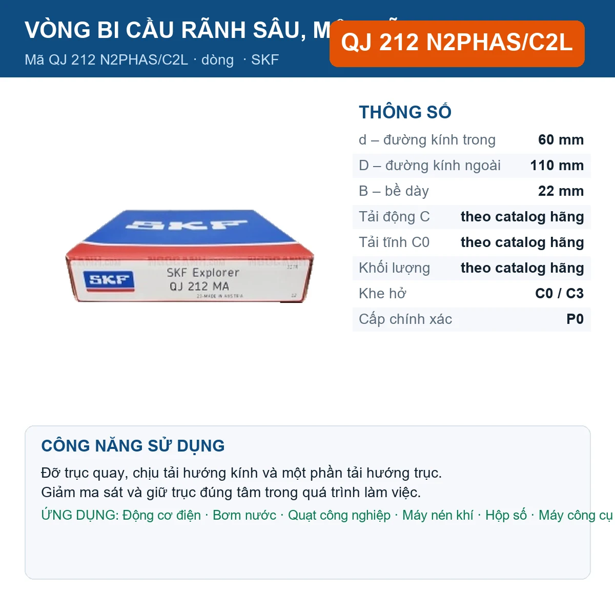 Vòng bi SKF QJ 212 N2PHAS/C2L 60x110x22mm — Ảnh đăng sản phẩm (web)