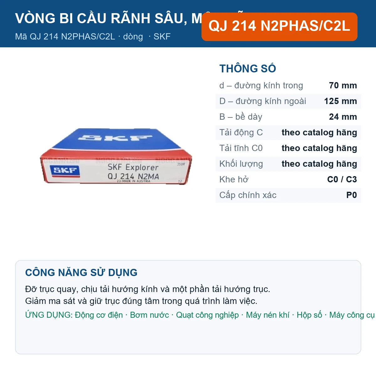 Vòng bi SKF QJ 214 N2PHAS/C2L 70x125x24mm — Ảnh đăng sản phẩm (web)