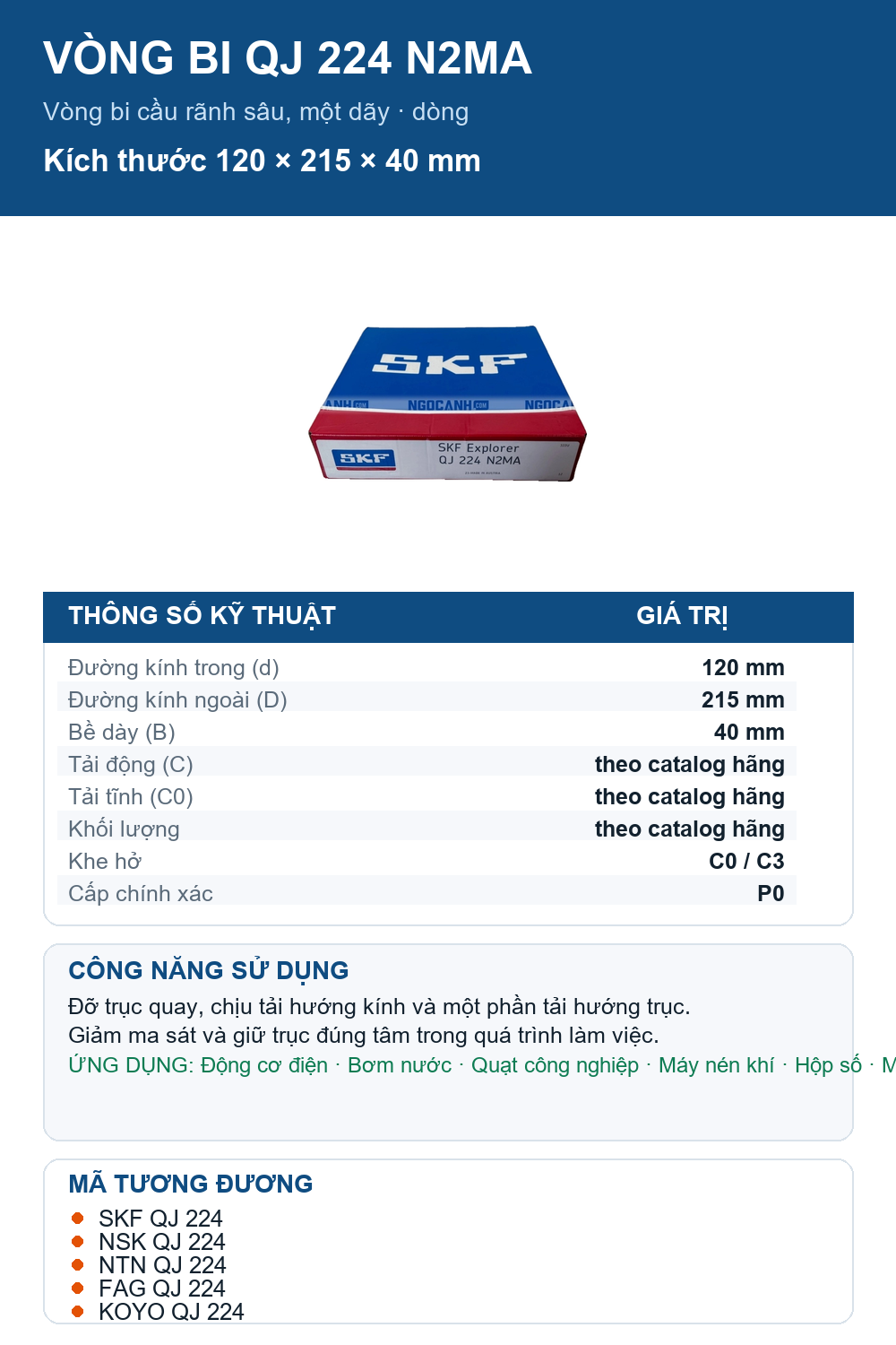 Vòng bi SKF QJ 224 N2MA 120x215x40mm — Ảnh thông số (Pinterest)