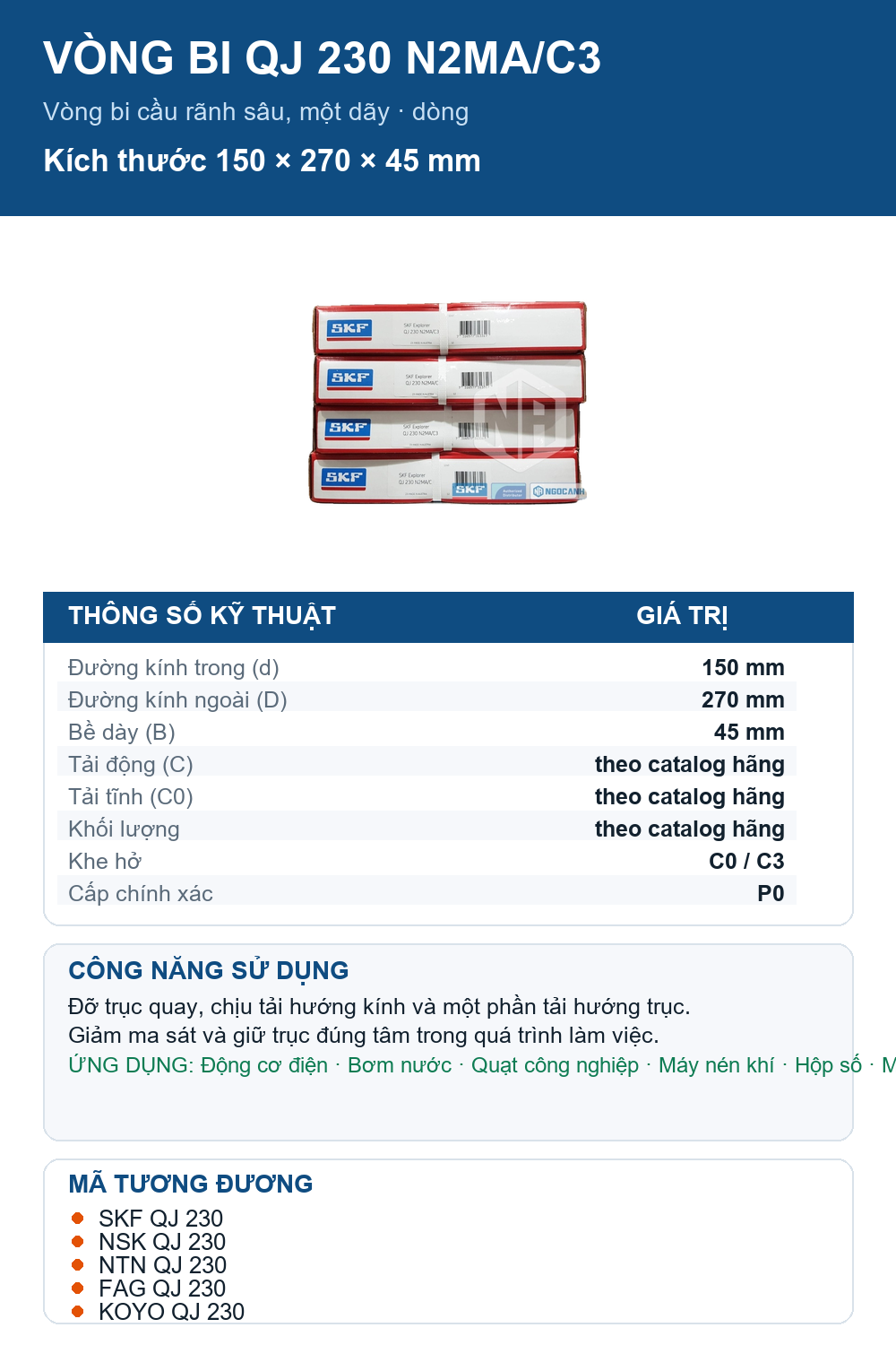 Vòng bi SKF QJ 230 N2MA/C3 150x270x45mm — Ảnh thông số (Pinterest)