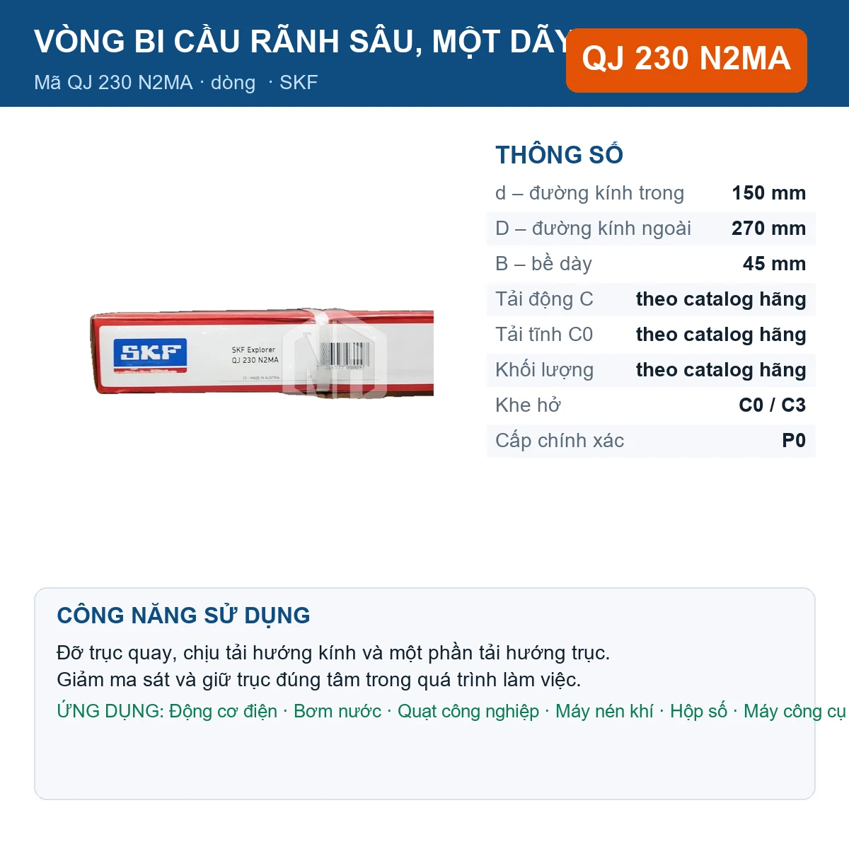 Vòng bi SKF QJ 230 N2MA 150x270x45mm — Ảnh đăng sản phẩm (web)