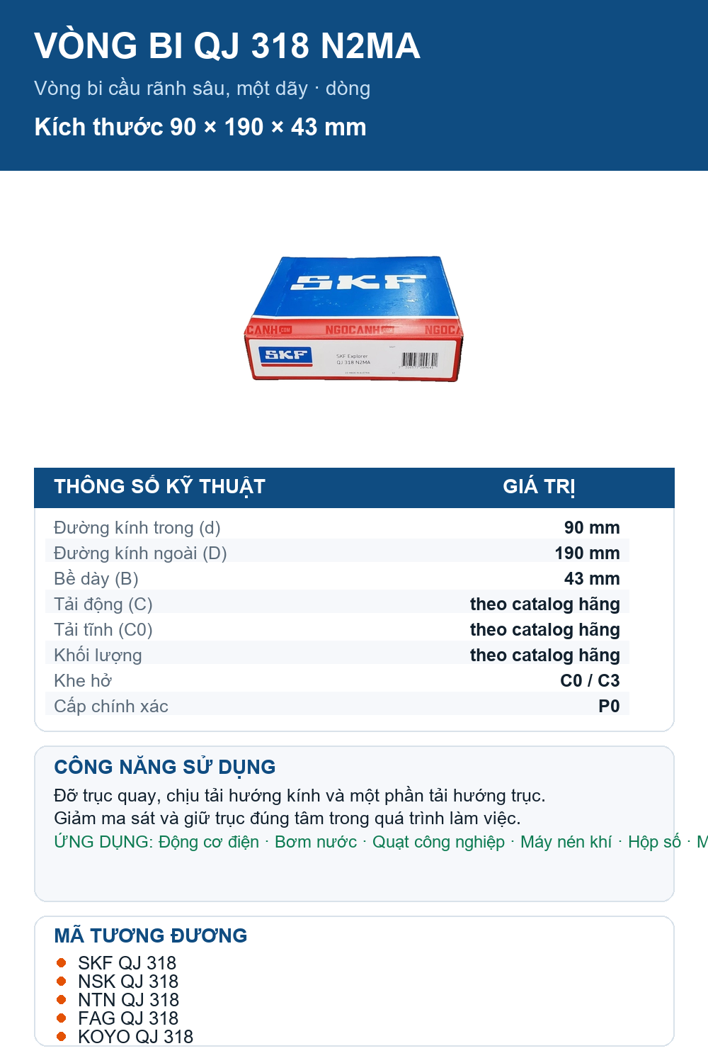 Vòng bi SKF QJ 318 N2MA 90x190x43mm — Ảnh thông số (Pinterest)
