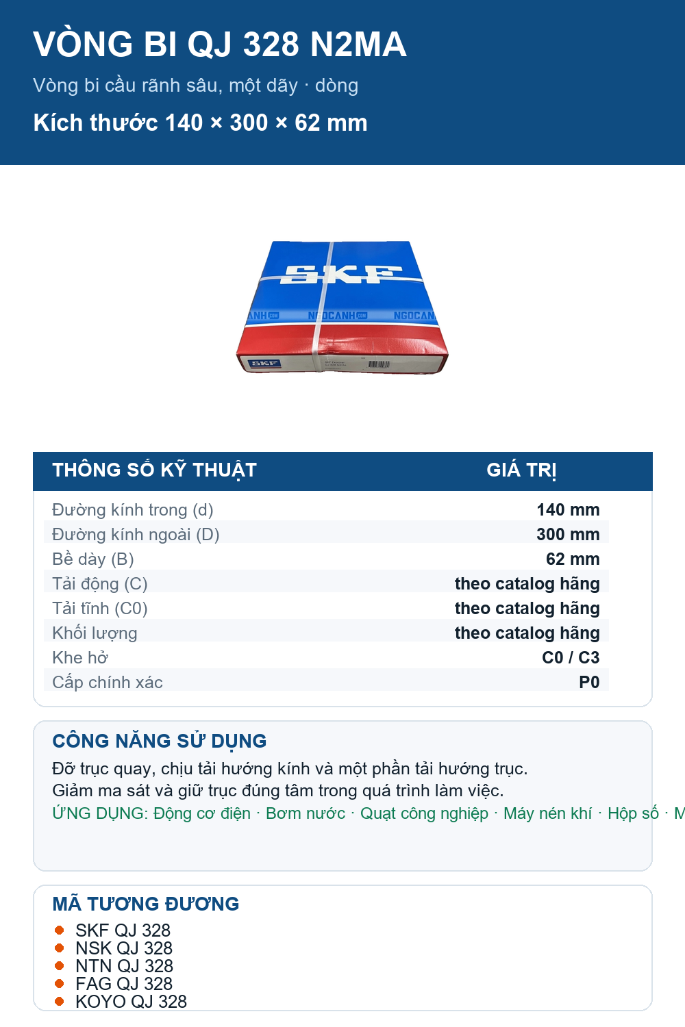 Vòng bi SKF QJ 328 N2MA 140x300x62mm — Ảnh thông số (Pinterest)