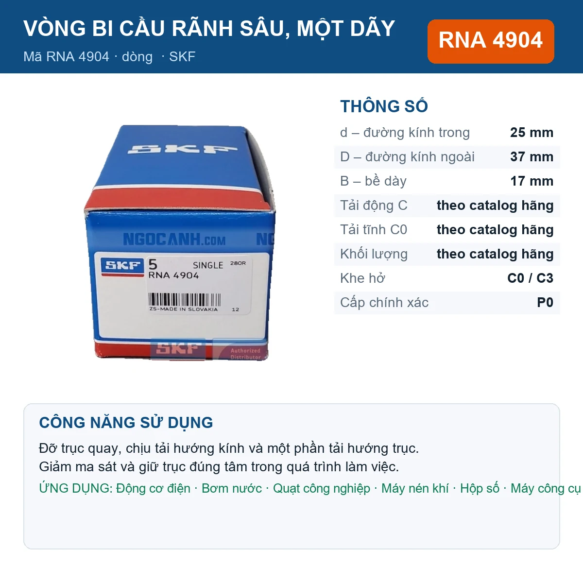 Vòng bi SKF RNA 4904 — kích thước 25x37x17mm