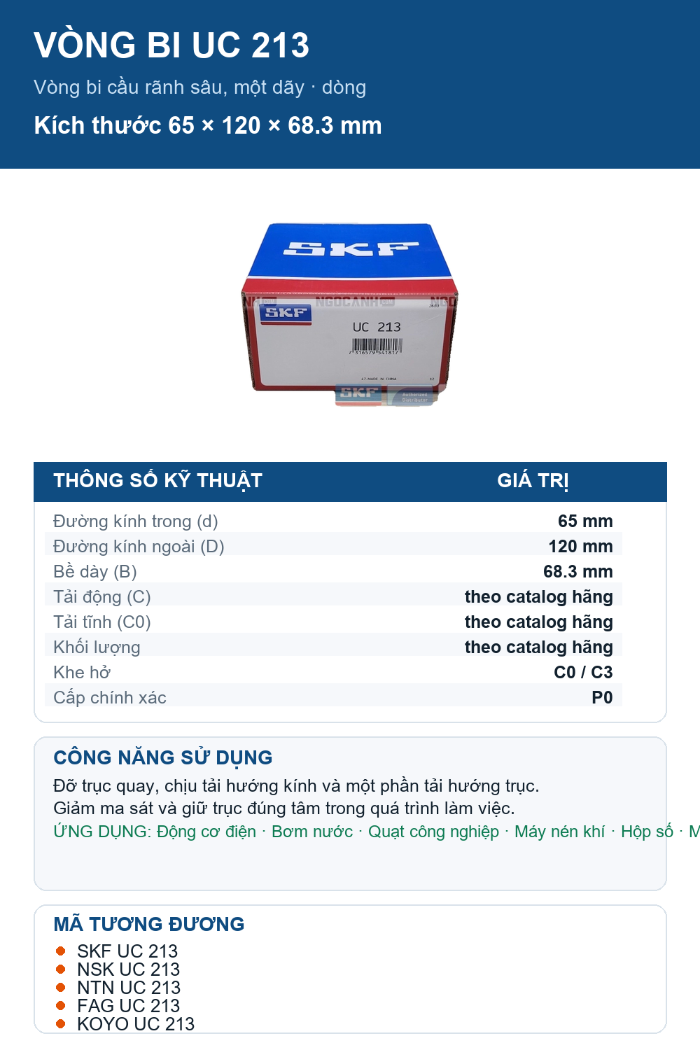 Vòng bi SKF UC 213 65x120x68.3mm — Ảnh thông số (Pinterest)