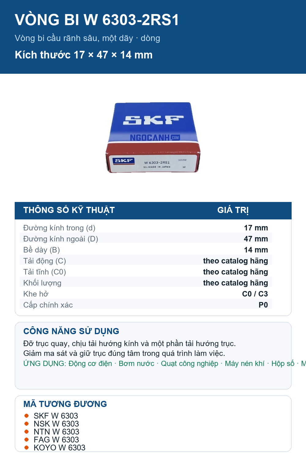 Vòng bi SKF W 6303-2RS1 17x47x14mm — Ảnh thông số (Pinterest)