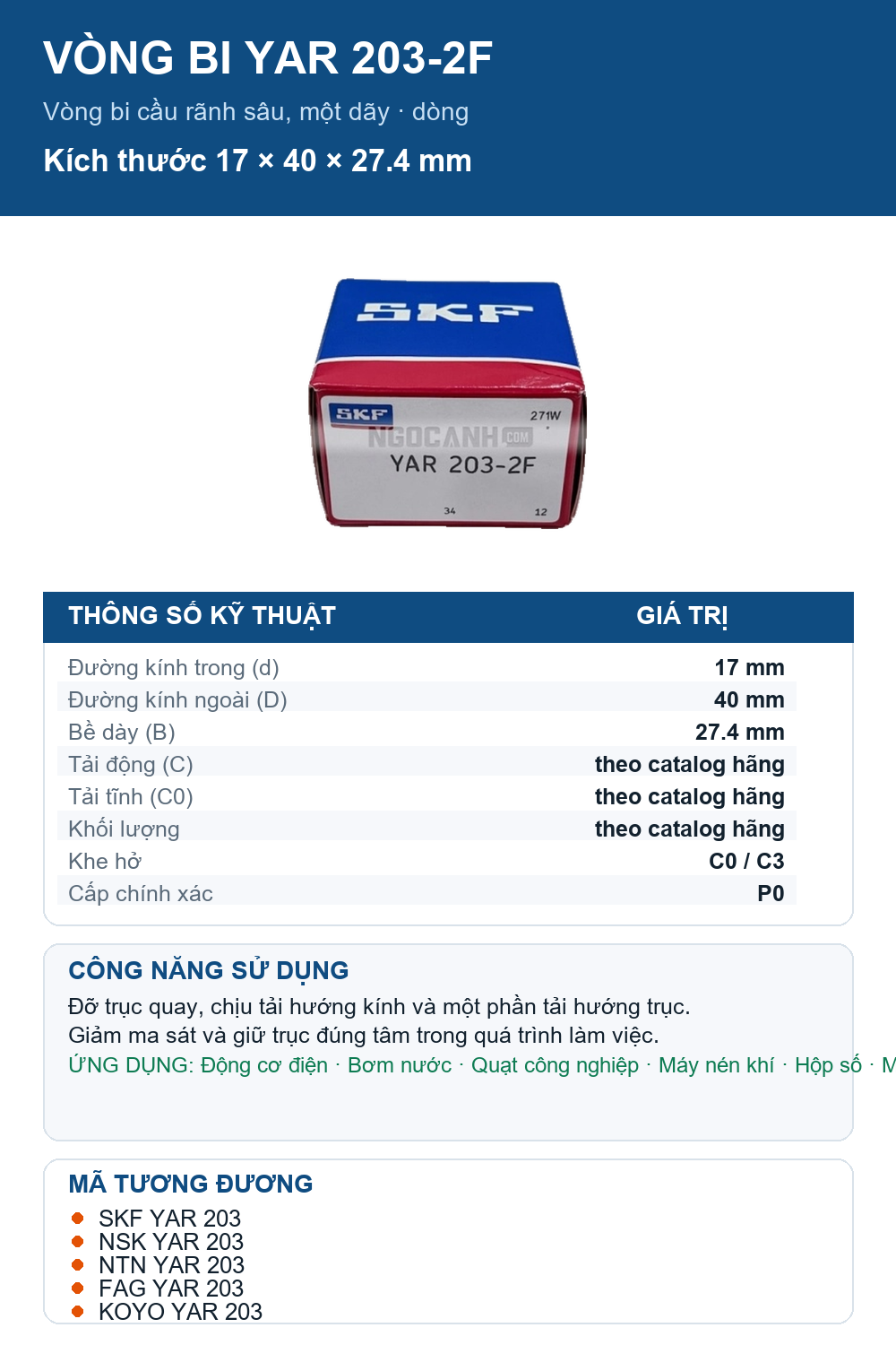 Vòng bi SKF YAR 203-2F 17x40x27.4mm — Ảnh thông số (Pinterest)