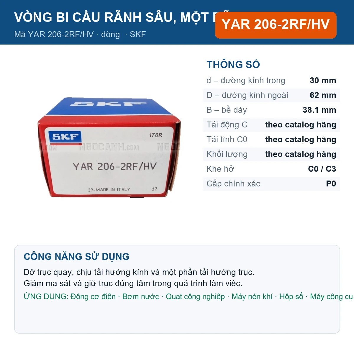 Vòng bi SKF YAR 206-2RF/HV 30x62x38.1mm — Ảnh đăng sản phẩm (web)