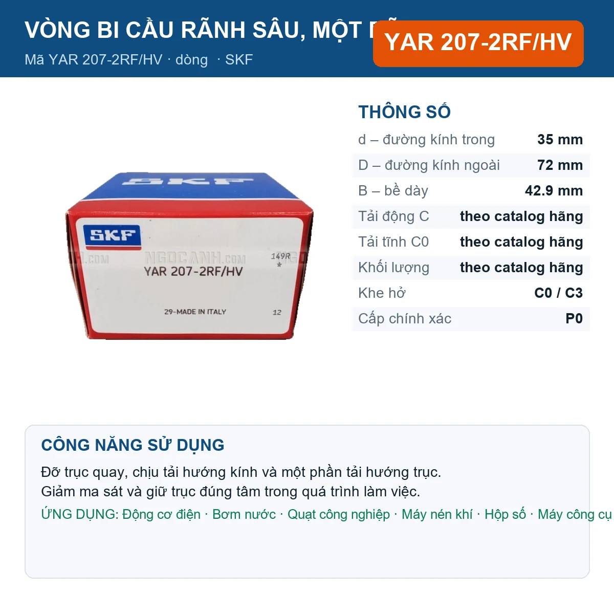 Vòng bi SKF YAR 207-2RF/HV 35x72x42.9mm — Ảnh đăng sản phẩm (web)