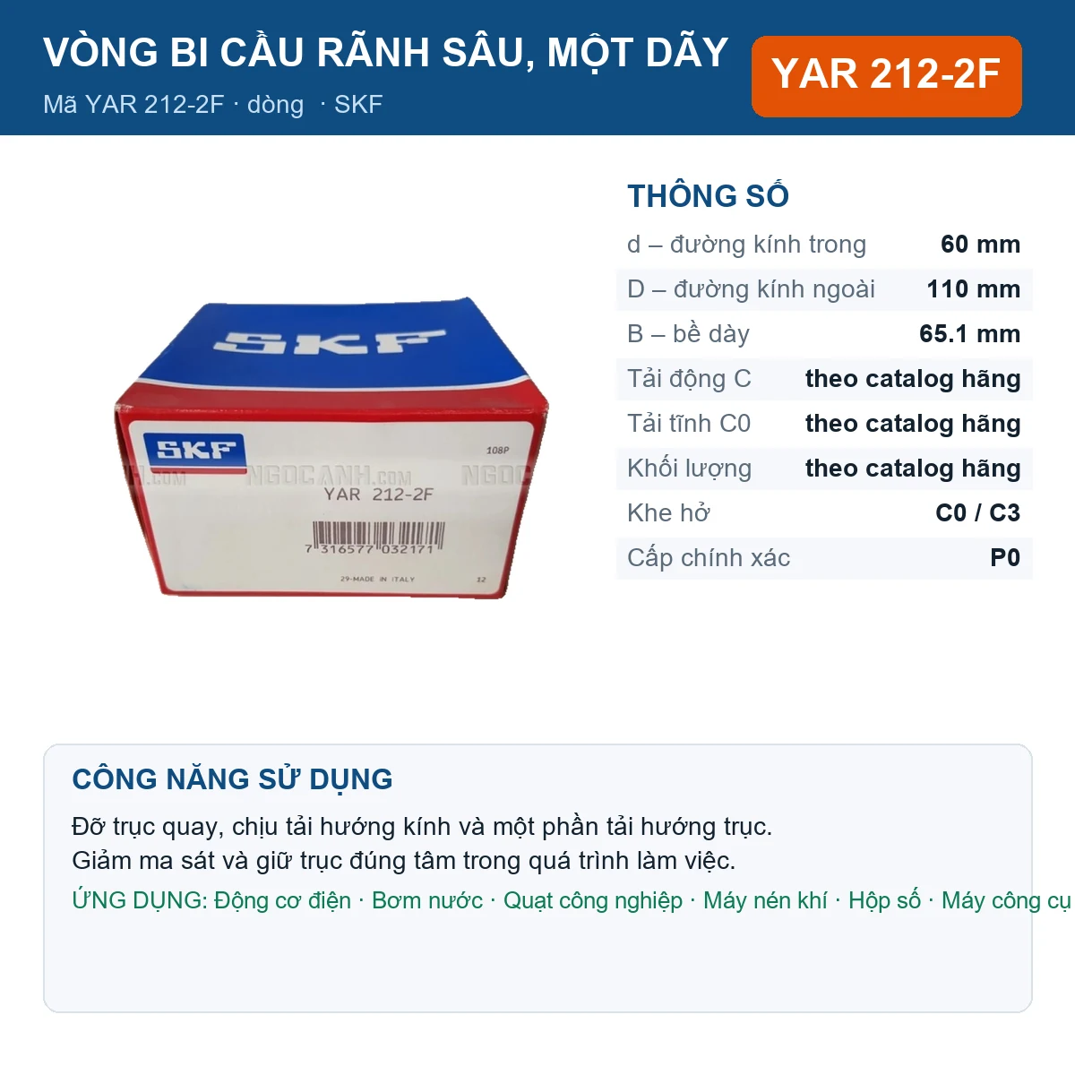 Vòng bi SKF YAR 212-2F — kích thước 60x110x65.1mm