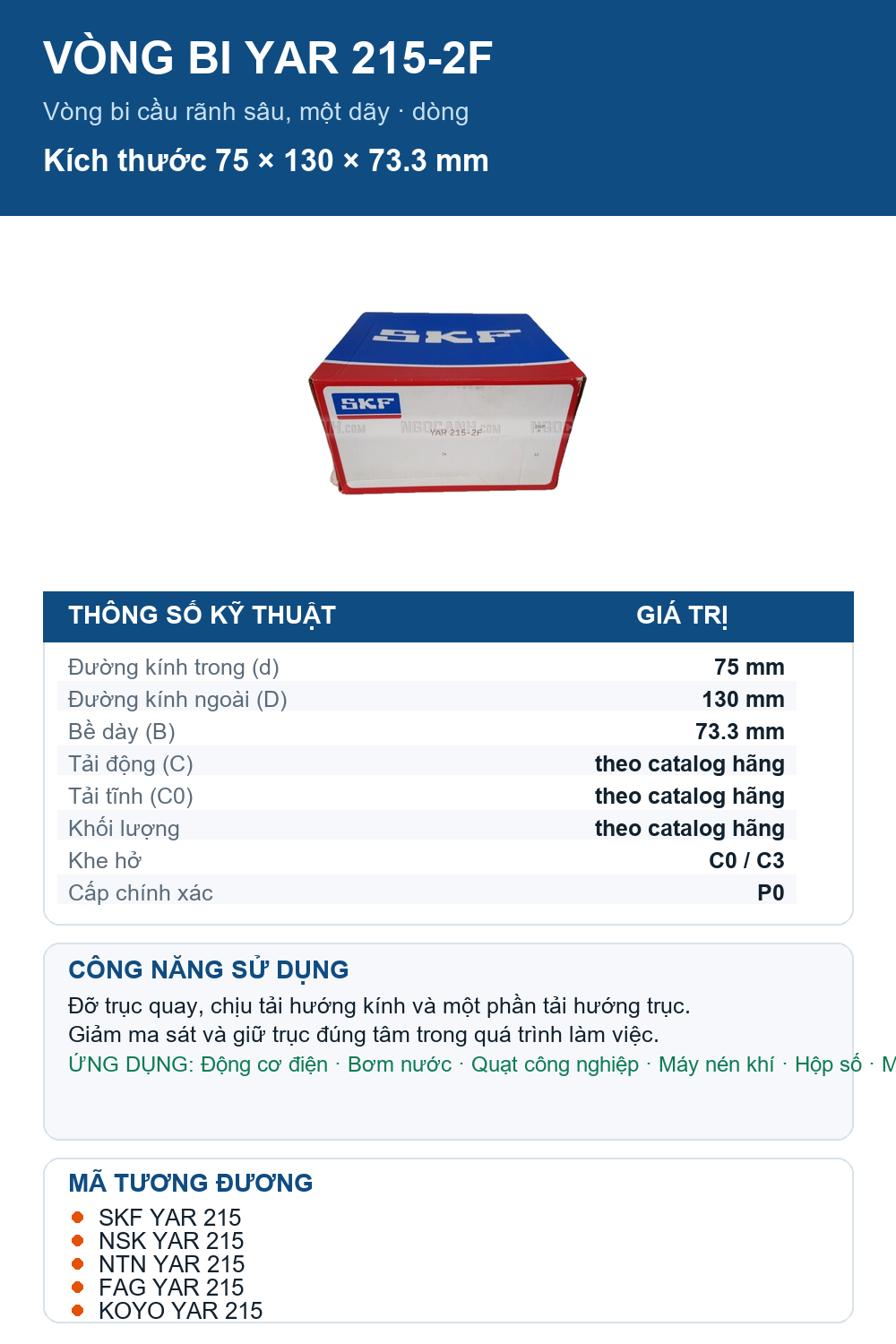 Vòng bi SKF YAR 215-2F 75x130x73.3mm — Ảnh thông số (Pinterest)