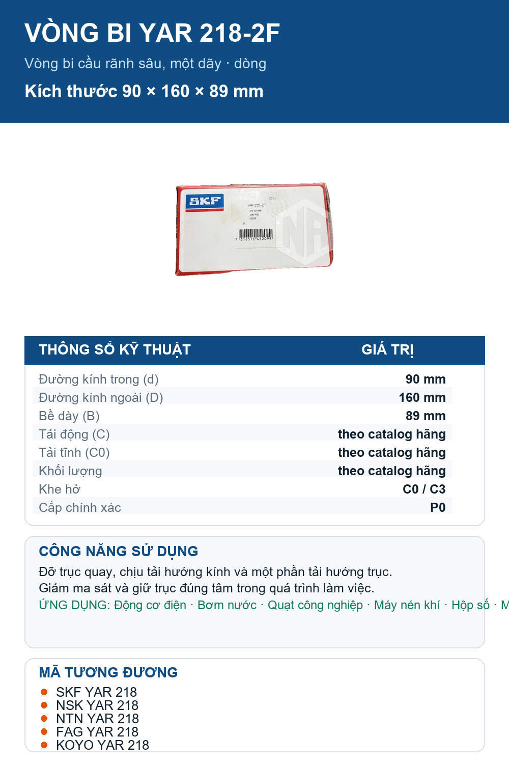 Vòng bi SKF YAR 218-2F 90x160x89mm — Ảnh thông số (Pinterest)