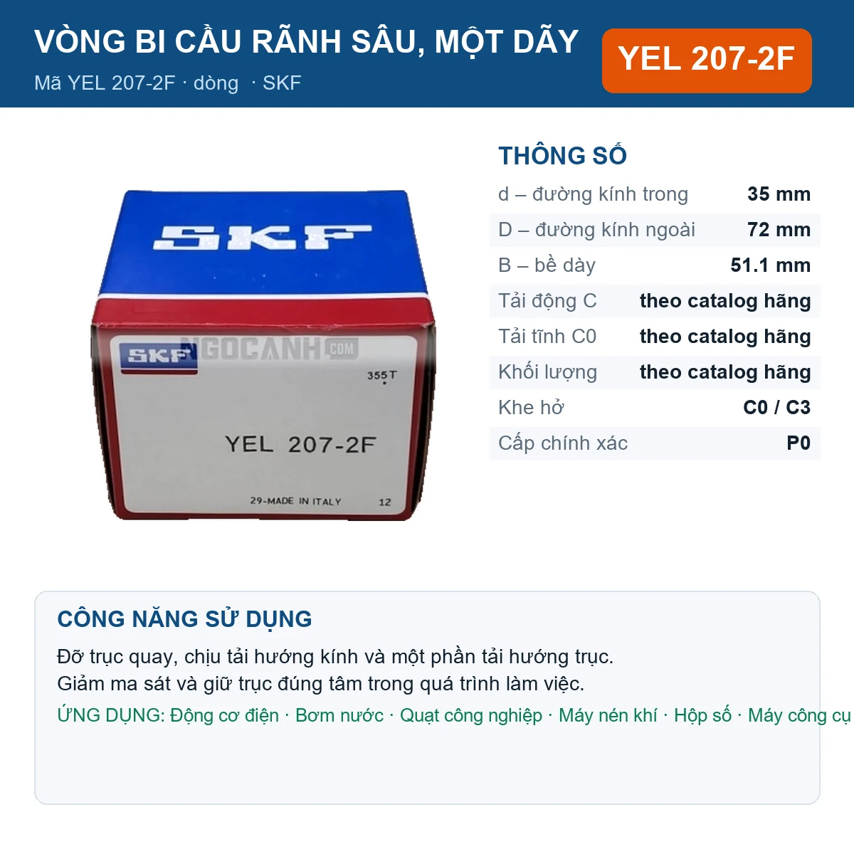 Vòng bi SKF YEL 207-2F 35x72x51.1mm — Ảnh đăng sản phẩm (web)