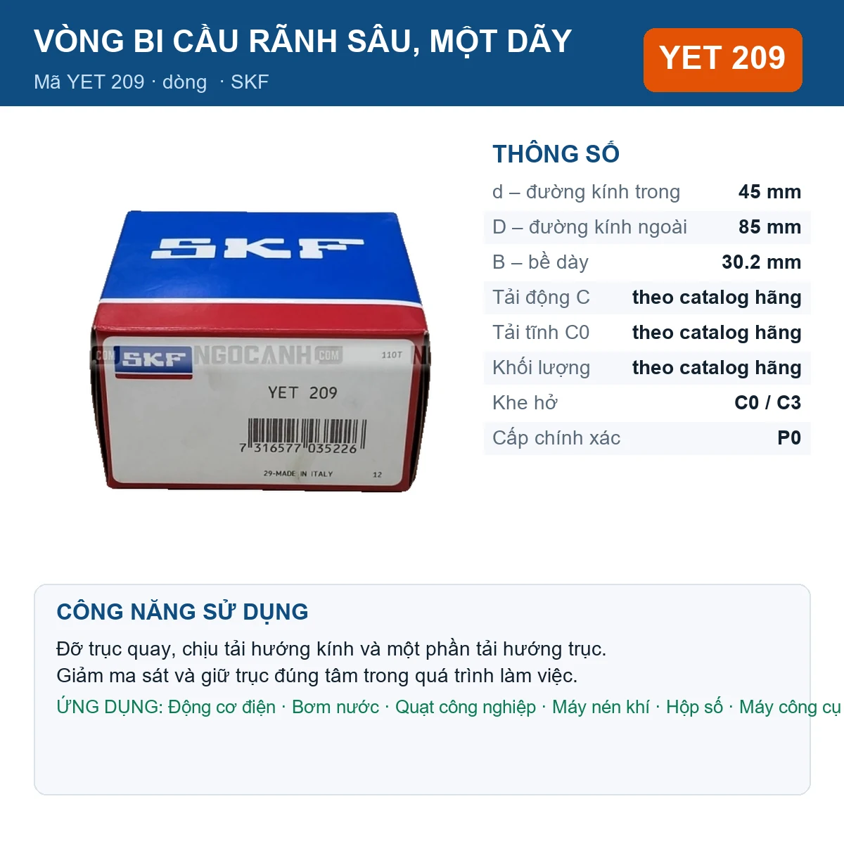 Vòng bi SKF YET 209 45x85x30.2mm — Ảnh đăng sản phẩm (web)