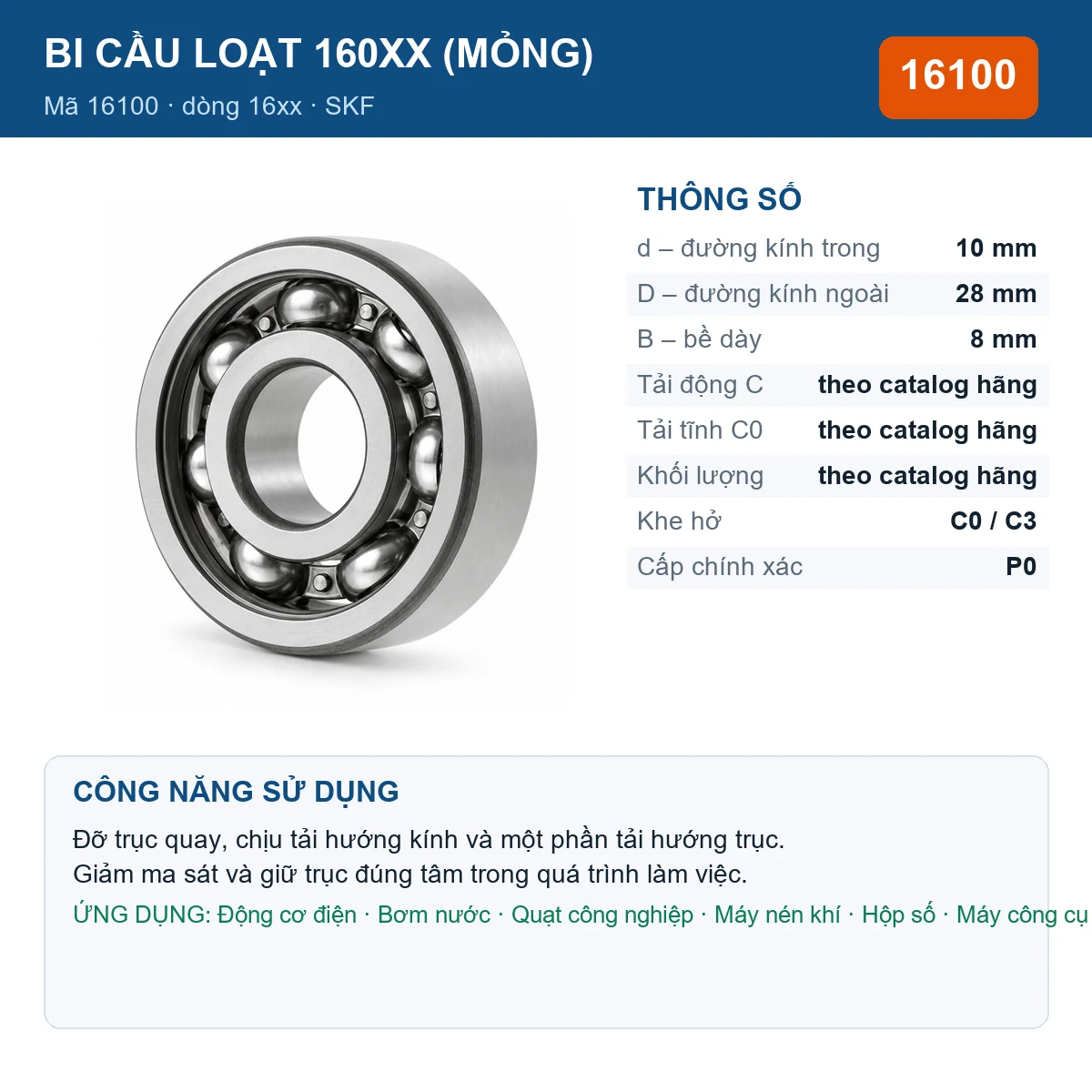 Vòng bi bạc đạn 16100 10x28x8mm SKF — Ảnh đăng sản phẩm (web)