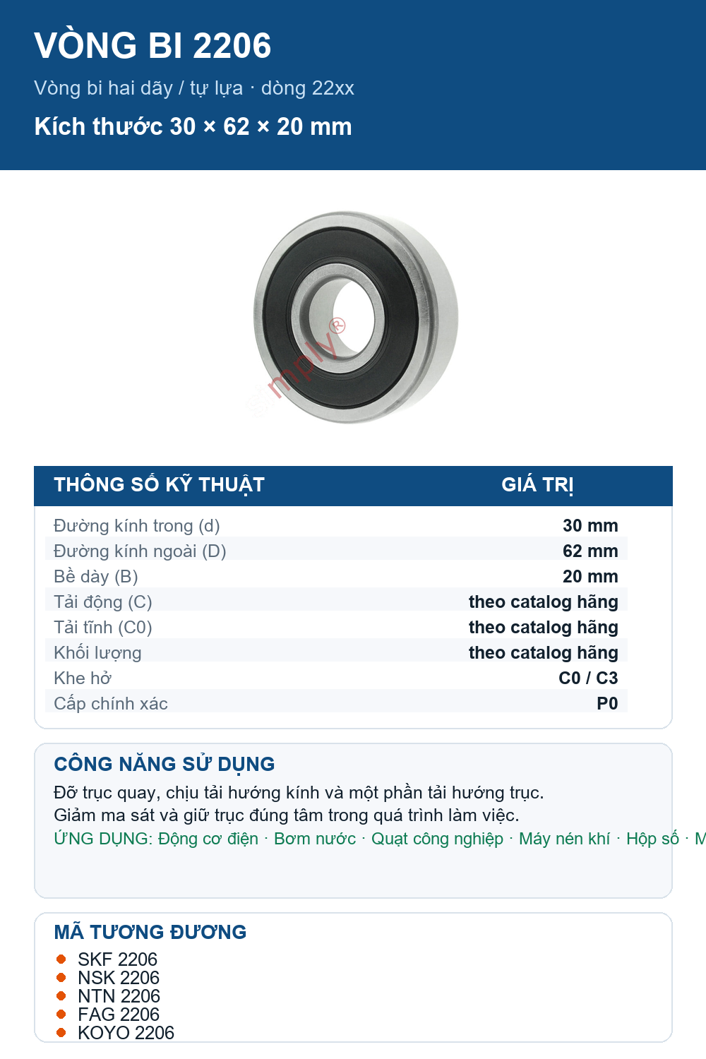 Vòng bi bạc đạn 2206 30x62x20mm NKE — Ảnh thông số (Pinterest)