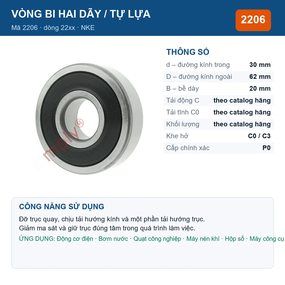 Vòng bi bạc đạn 2206 30x62x20mm NKE — kích thước 30x62x20mm