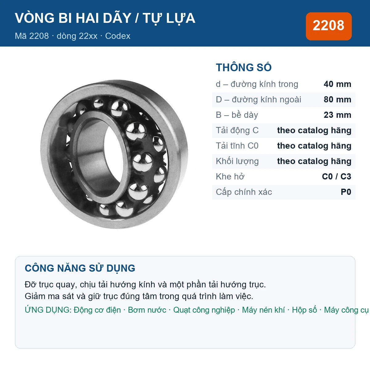 Vòng bi bạc đạn 2208 40x80x23mm Codex — kích thước 40x80x23mm