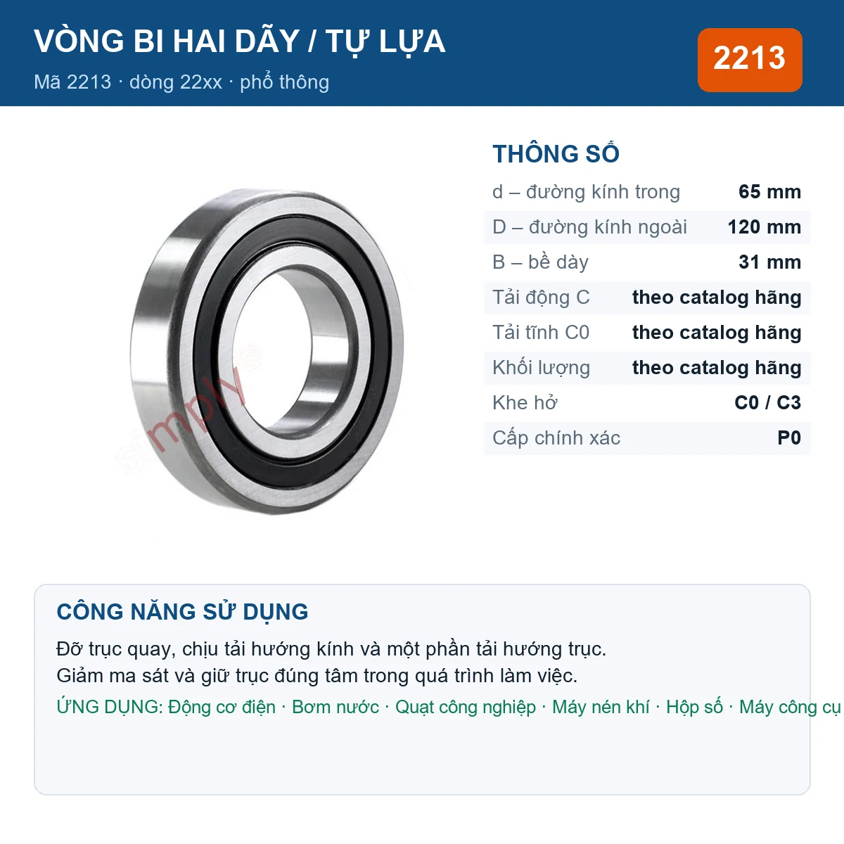 Vòng bi bạc đạn 2213 65x120x31mm Gen — kích thước 65x120x31mm