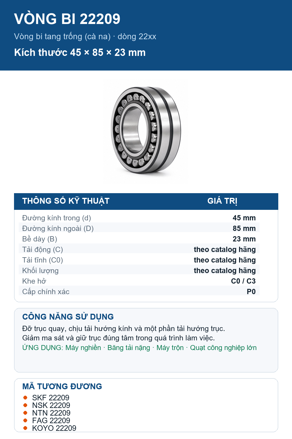 Vòng bi bạc đạn 22209 45x85x23mm FAG — Ảnh thông số (Pinterest)