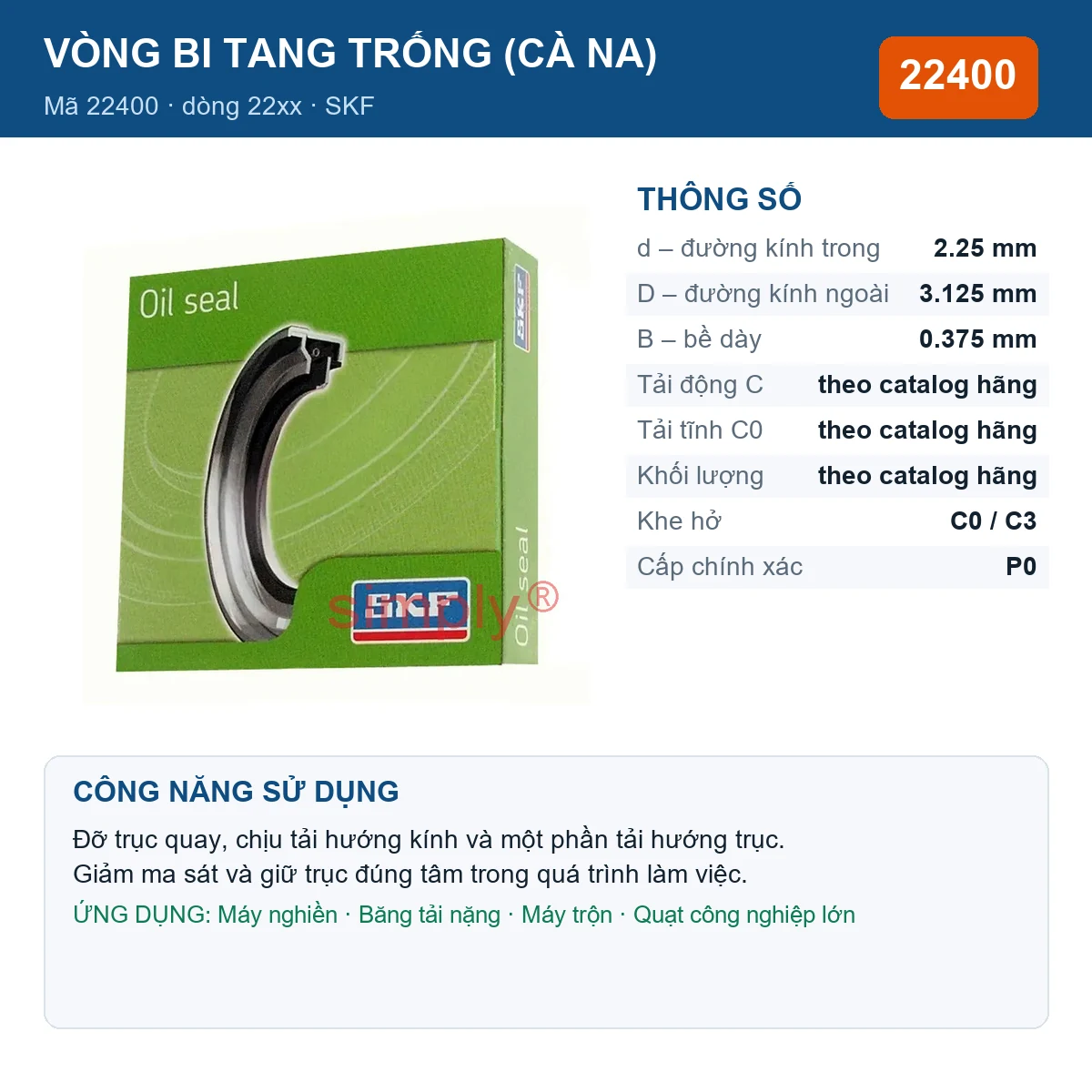 Vòng bi bạc đạn 22400 2.25x3.125x0.375mm SKF — kích thước 2.25x3.125x0.375mm