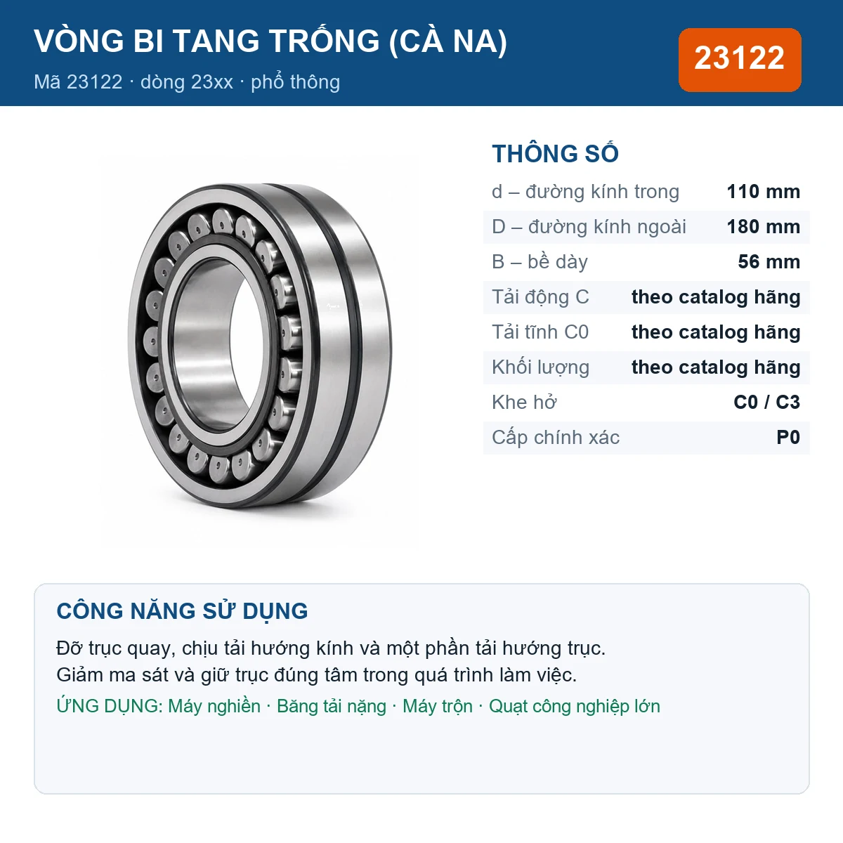 Vòng bi bạc đạn 23122 110x180x56mm Gen — kích thước 110x180x56mm