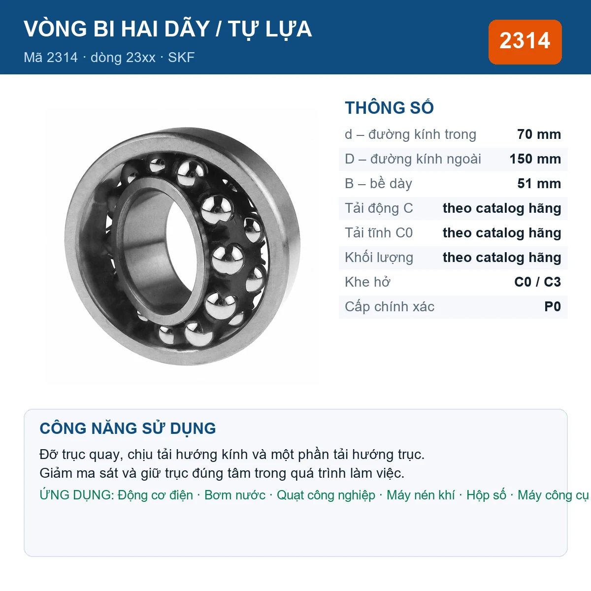 Vòng bi bạc đạn 2314 70x150x51mm SKF — kích thước 70x150x51mm
