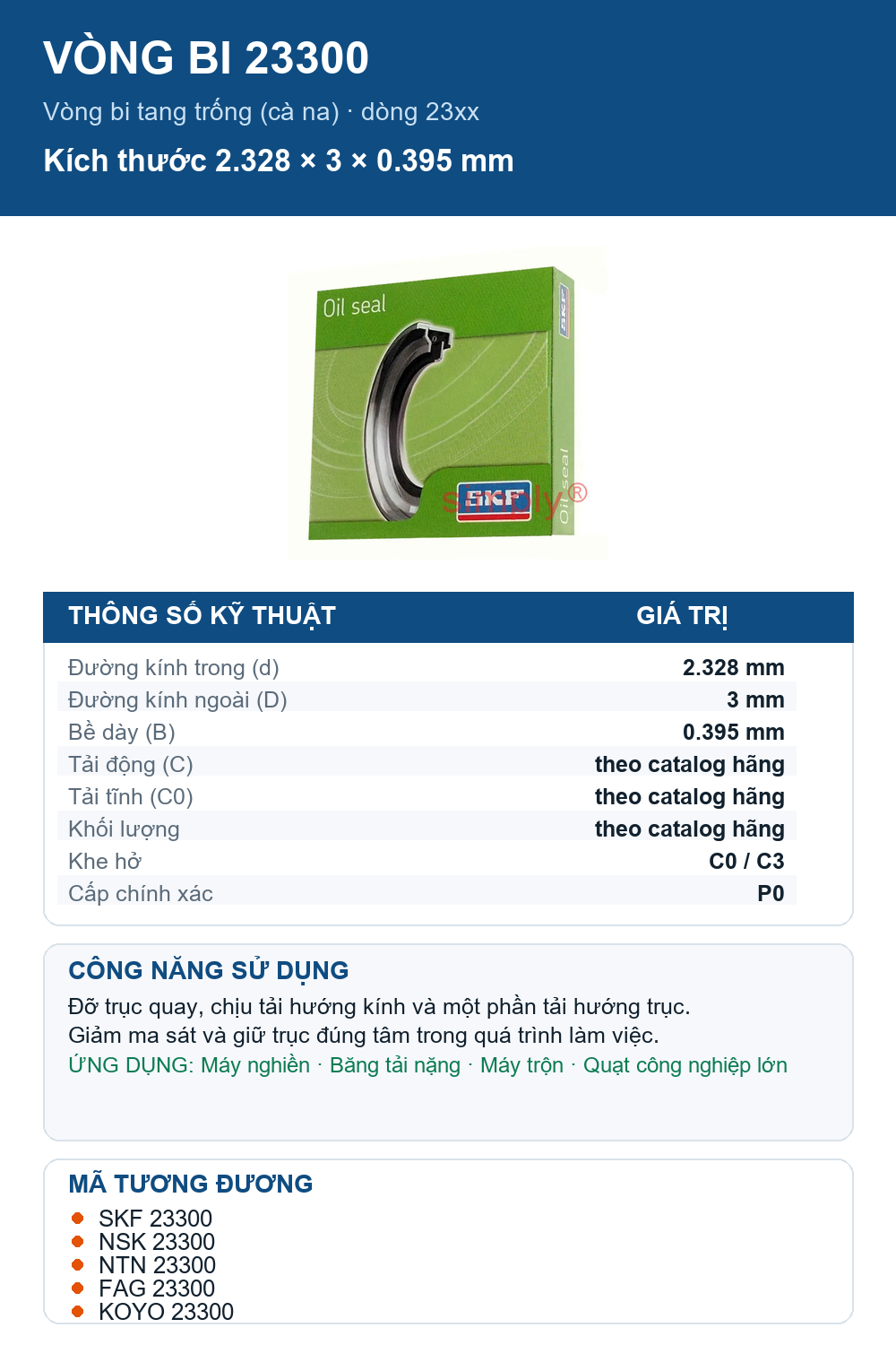 Vòng bi bạc đạn 23300 2.328x3x0.395mm SKF — Ảnh thông số (Pinterest)