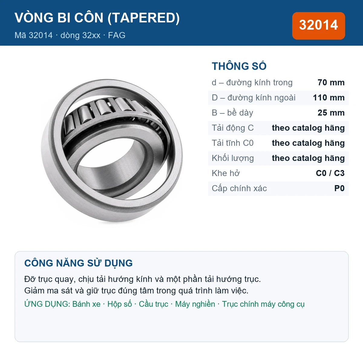 Vòng bi bạc đạn 32014 70x110x25mm FAG — kích thước 70x110x25mm