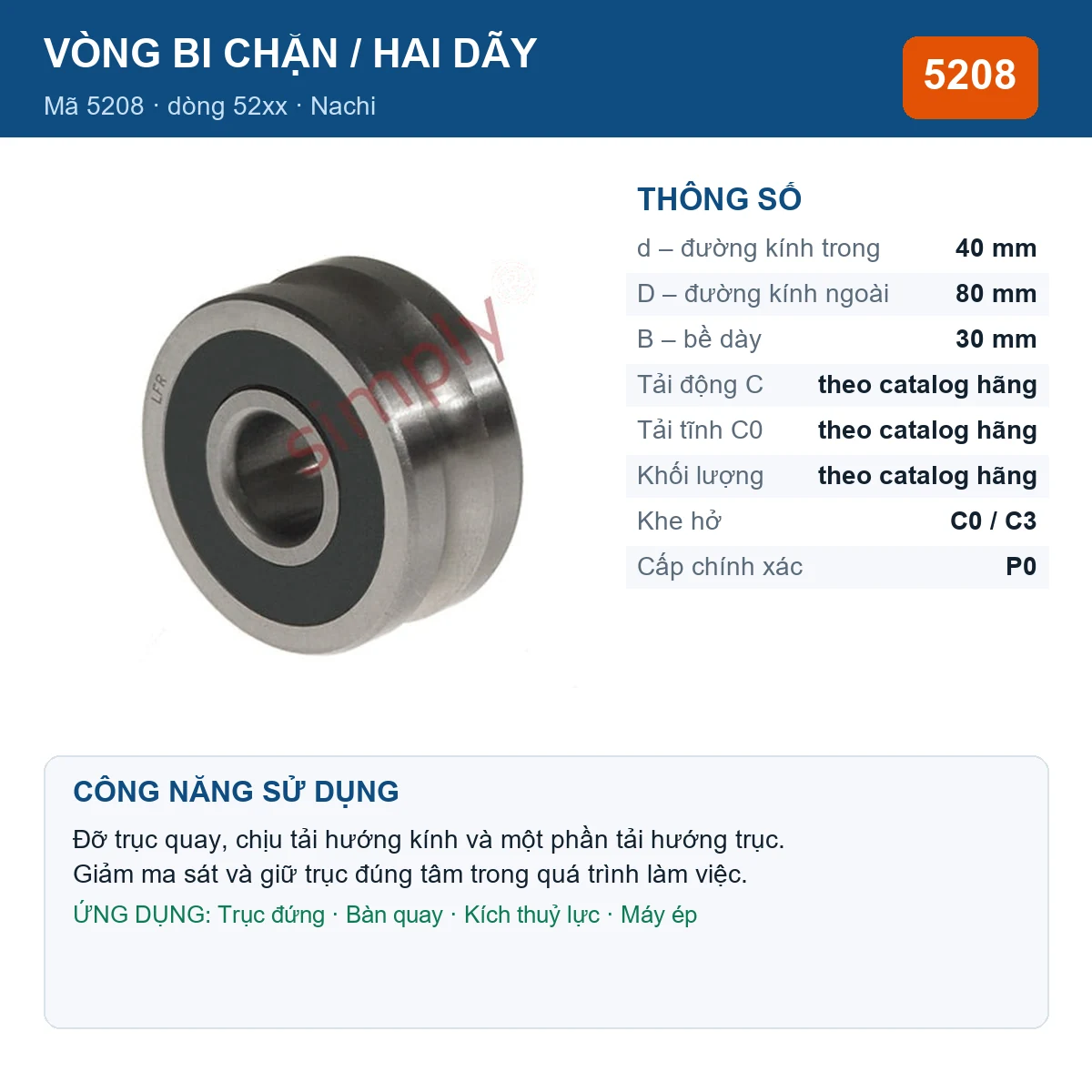 Vòng bi bạc đạn 5208 40x80x30mm Nachi — Ảnh đăng sản phẩm (web)