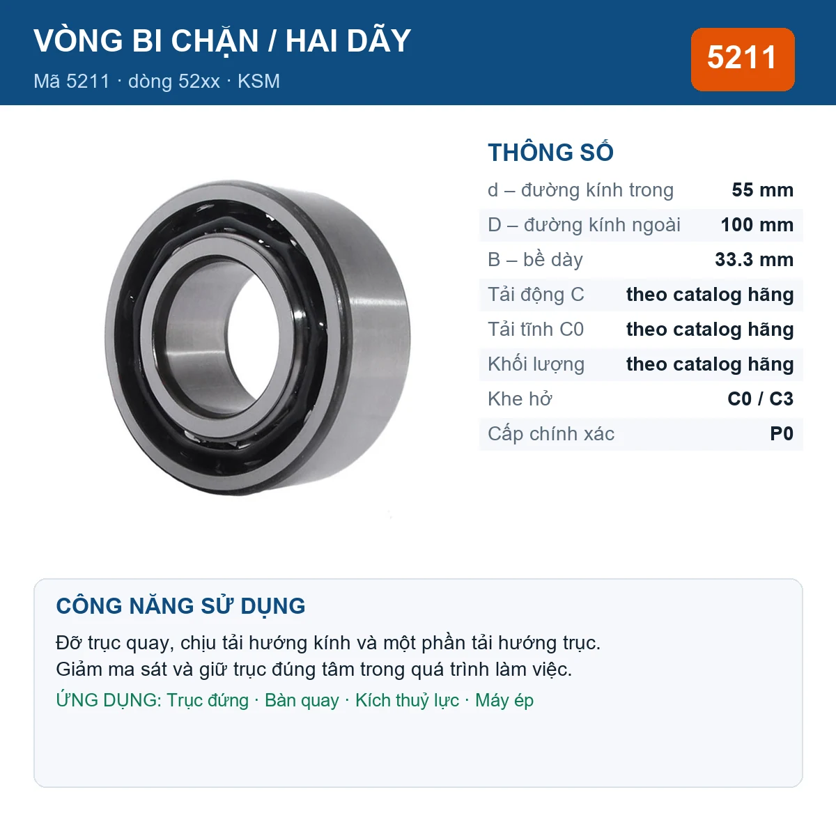 Vòng bi bạc đạn 5211 55x100x33.3mm KSM — Ảnh đăng sản phẩm (web)