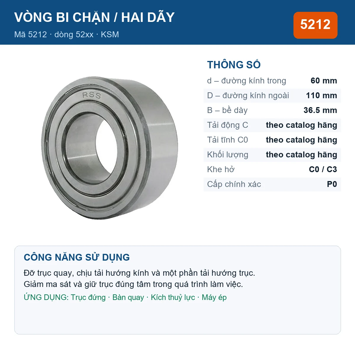 Vòng bi bạc đạn 5212 60x110x36.5mm KSM — Ảnh đăng sản phẩm (web)