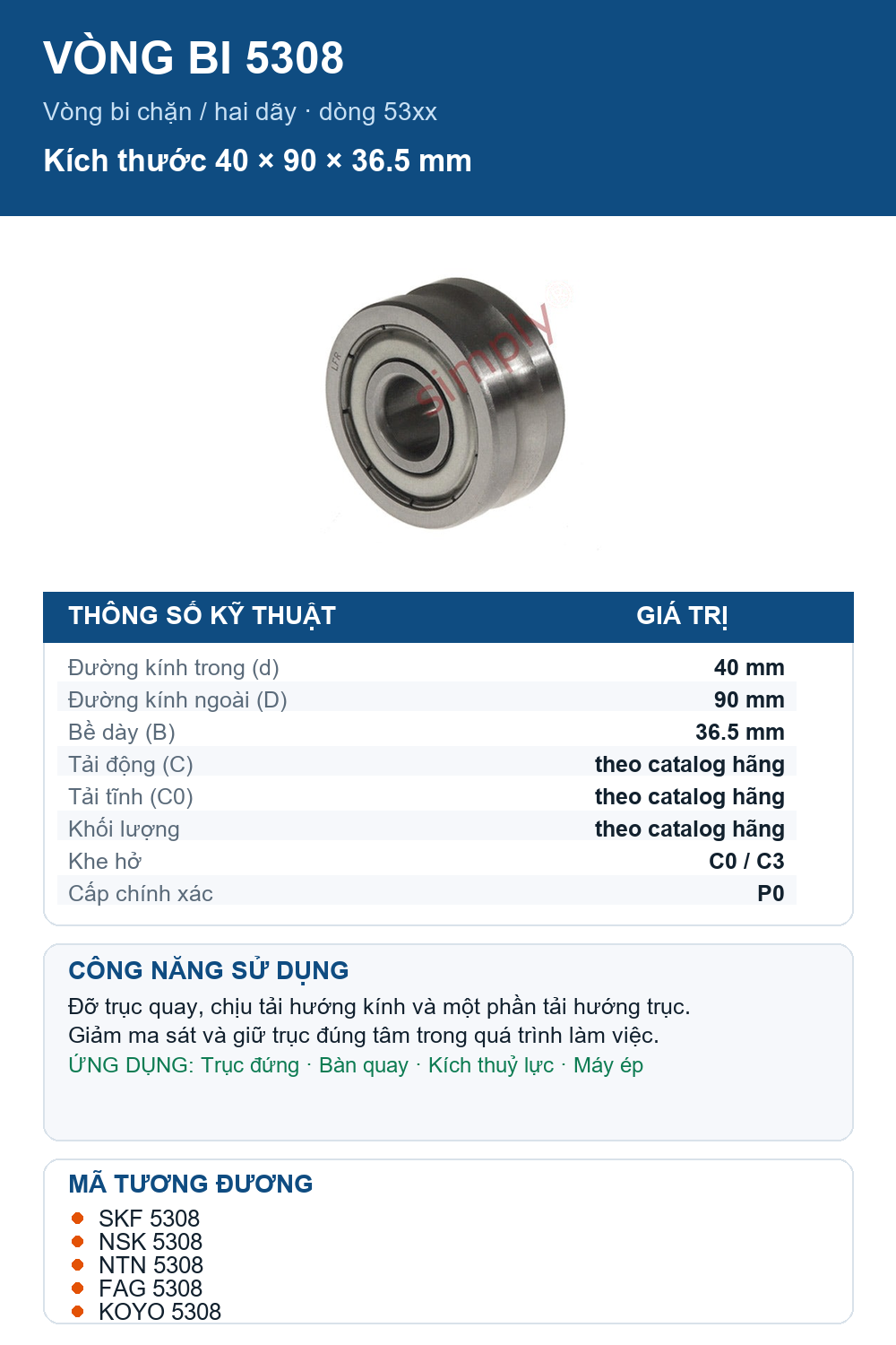 Vòng bi bạc đạn 5308 40x90x36.5mm KSM — Ảnh thông số (Pinterest)