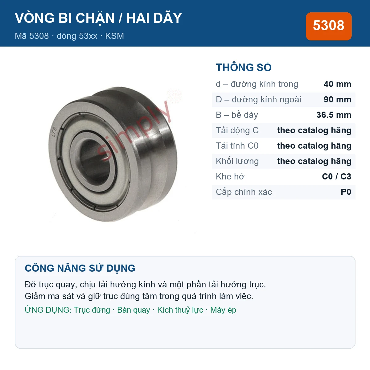 Vòng bi bạc đạn 5308 40x90x36.5mm KSM — Ảnh đăng sản phẩm (web)