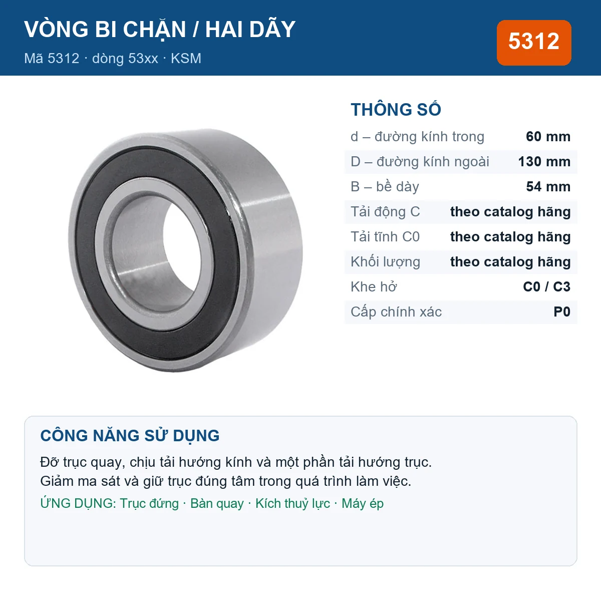 Vòng bi bạc đạn 5312 60x130x54mm KSM — Ảnh đăng sản phẩm (web)