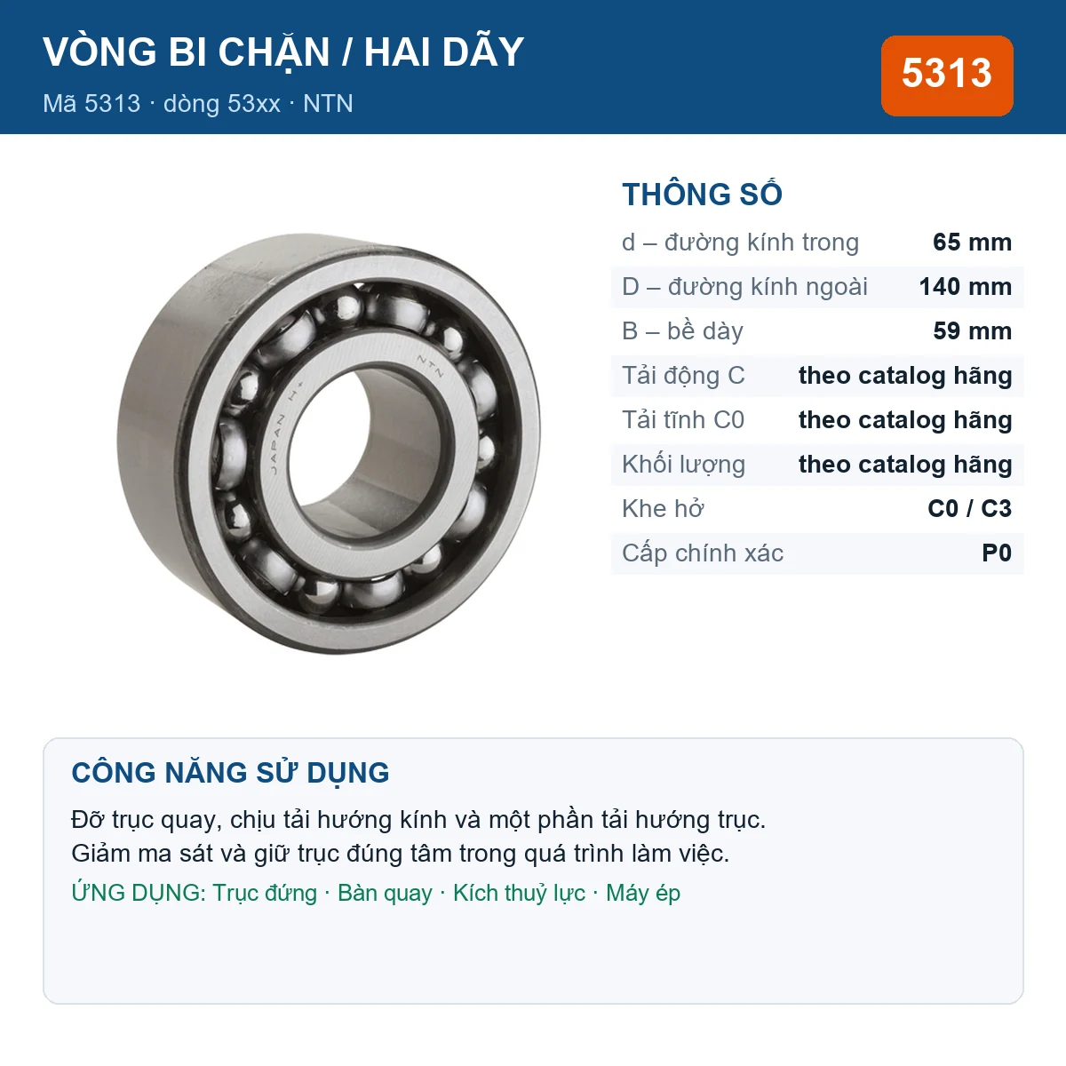 Vòng bi bạc đạn 5313 65x140x59mm NTN — Ảnh đăng sản phẩm (web)