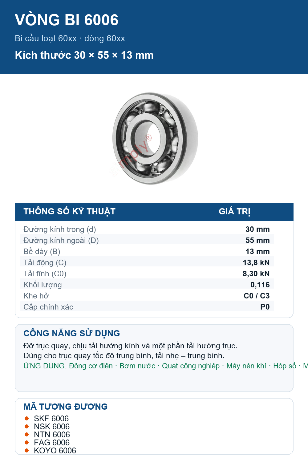 Vòng bi bạc đạn 6006 30x55x13mm Codex — Ảnh thông số (Pinterest)