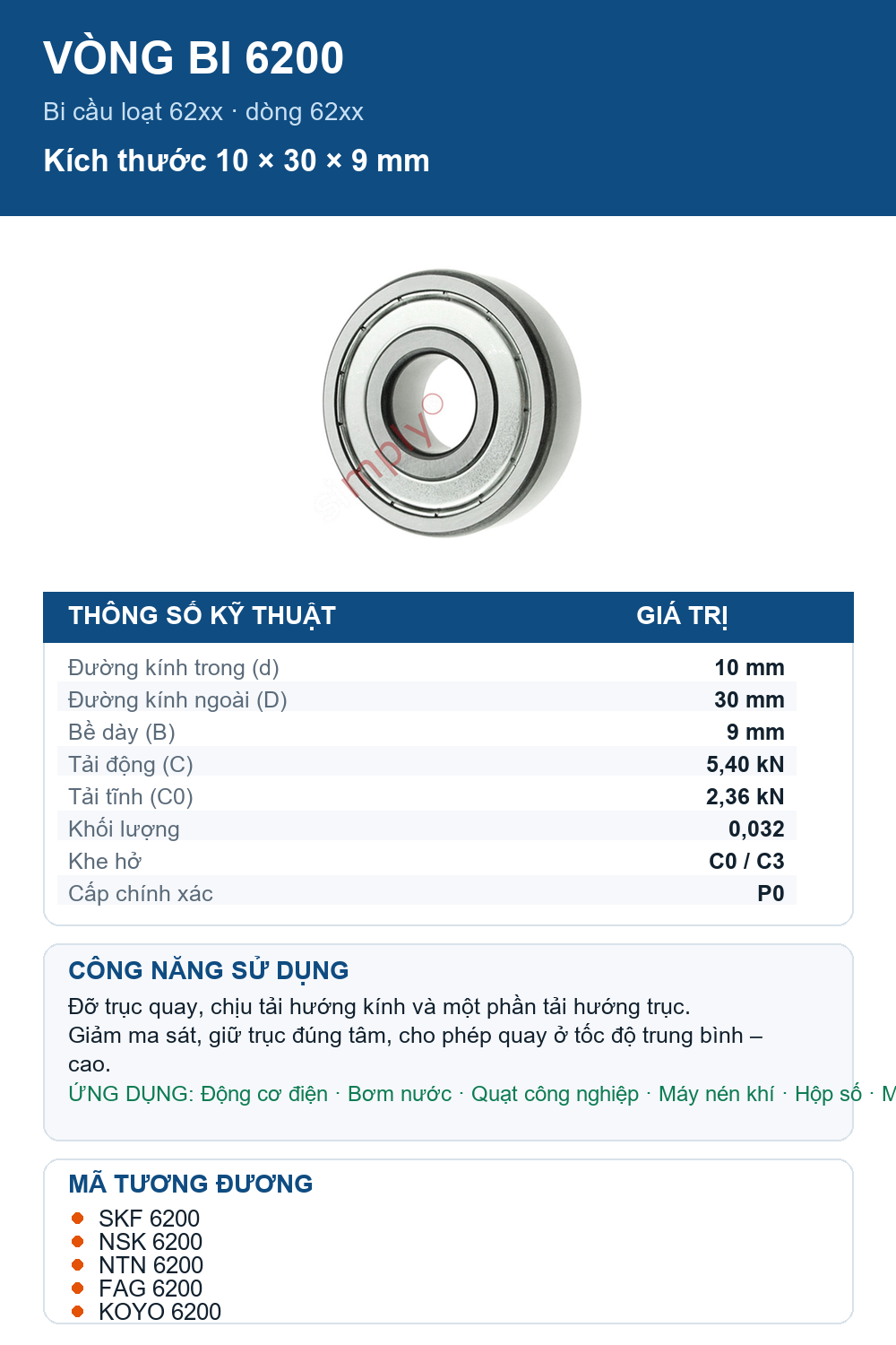 Vòng bi bạc đạn 6200 10x30x9mm Codex — Ảnh thông số (Pinterest)