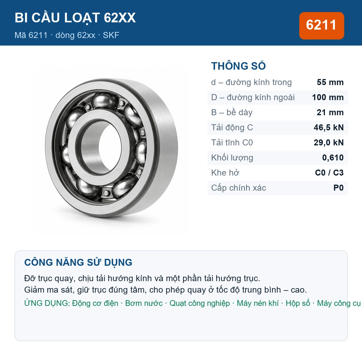 Vòng bi bạc đạn 6211 55x100x21mm Codex — kích thước 55x100x21mm