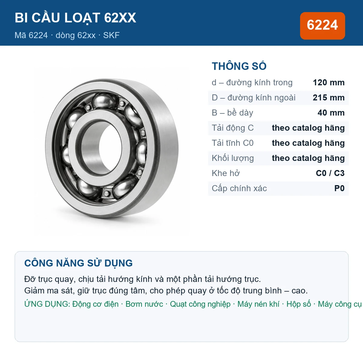 Vòng bi bạc đạn 6224 120x215x40mm SKF — Ảnh đăng sản phẩm (web)