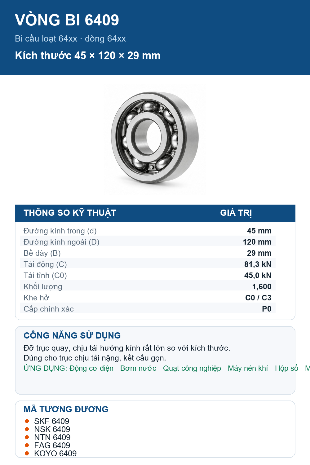 Vòng bi bạc đạn 6409 45x120x29mm SKF — Ảnh thông số (Pinterest)