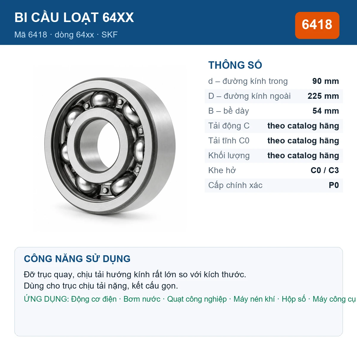 Vòng bi bạc đạn 6418 90x225x54mm SKF — kích thước 90x225x54mm