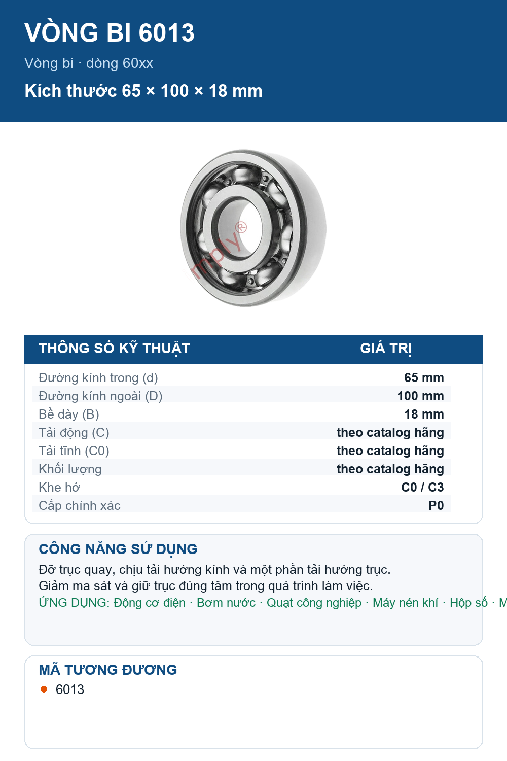 Vòng bi KOYO 6013 65x100x18mm — Ảnh thông số (Pinterest)