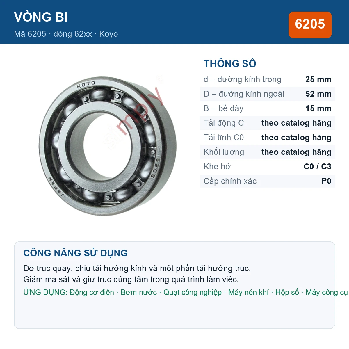 Vòng bi KOYO 6205 — kích thước 25x52x15mm
