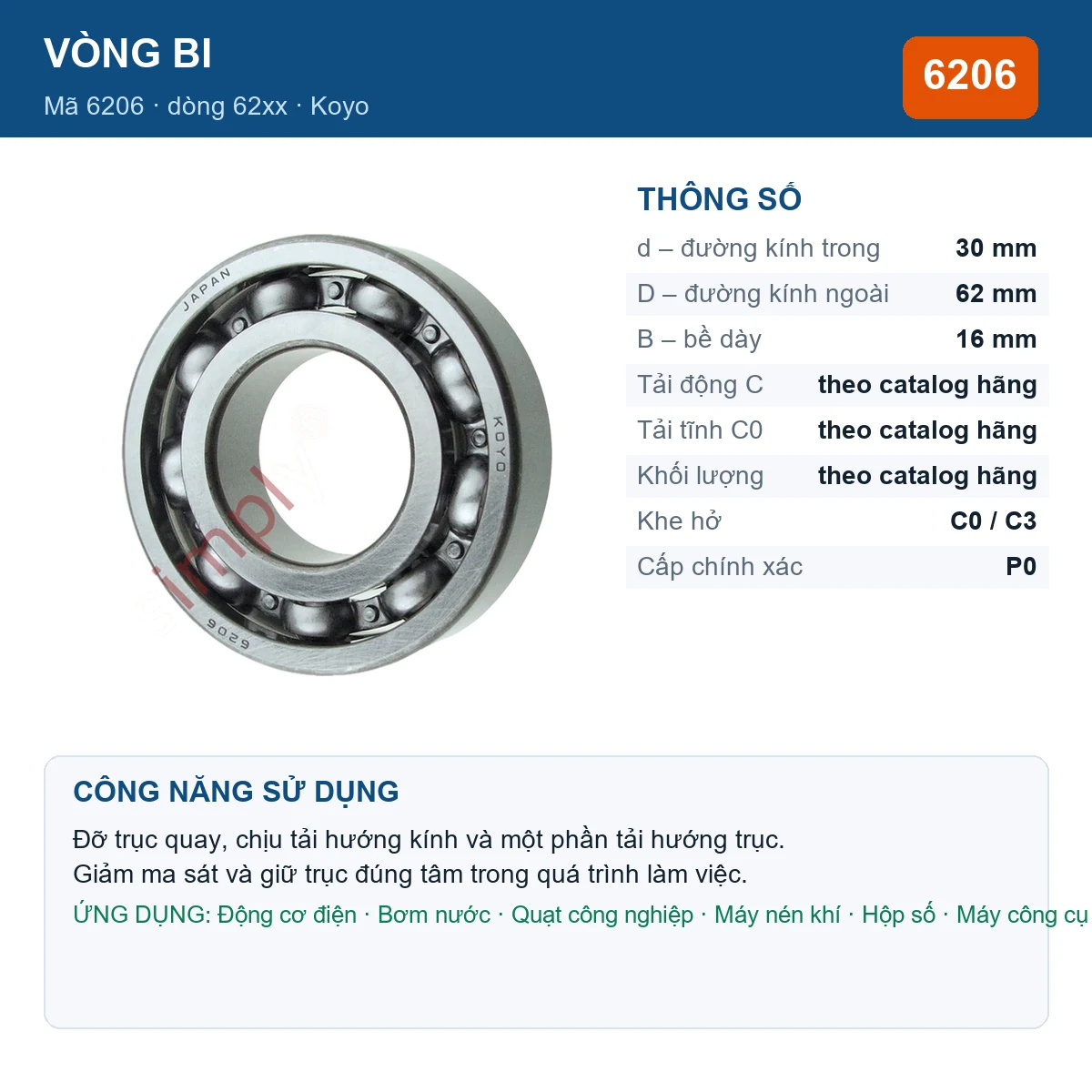 Vòng bi KOYO 6206 — kích thước 30x62x16mm