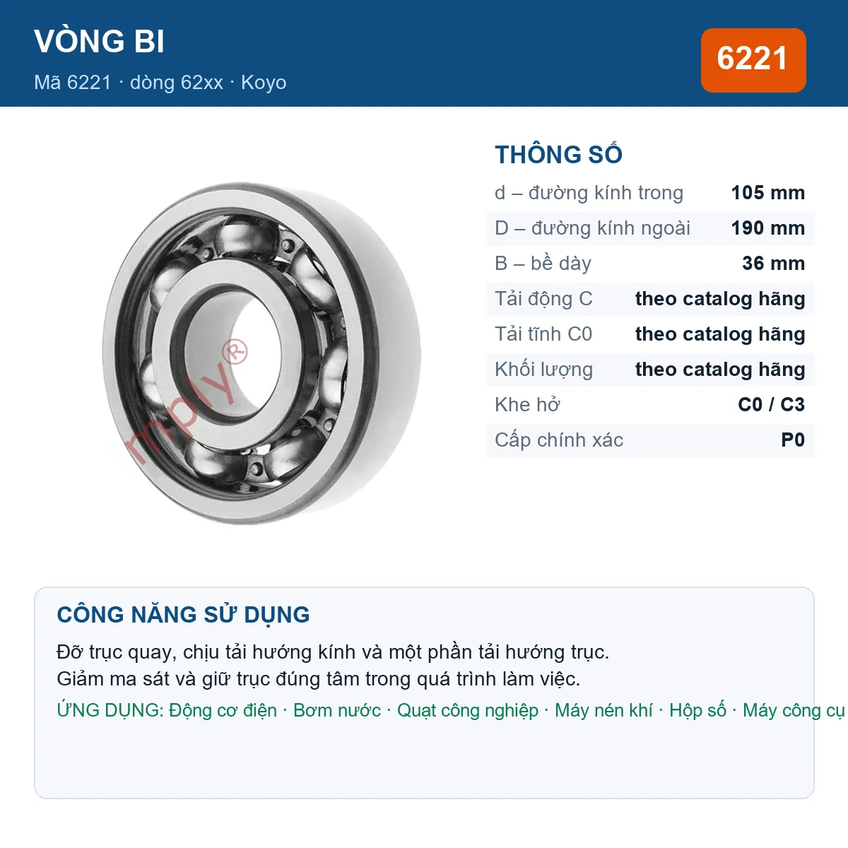 Vòng bi KOYO 6221 — kích thước 105x190x36mm