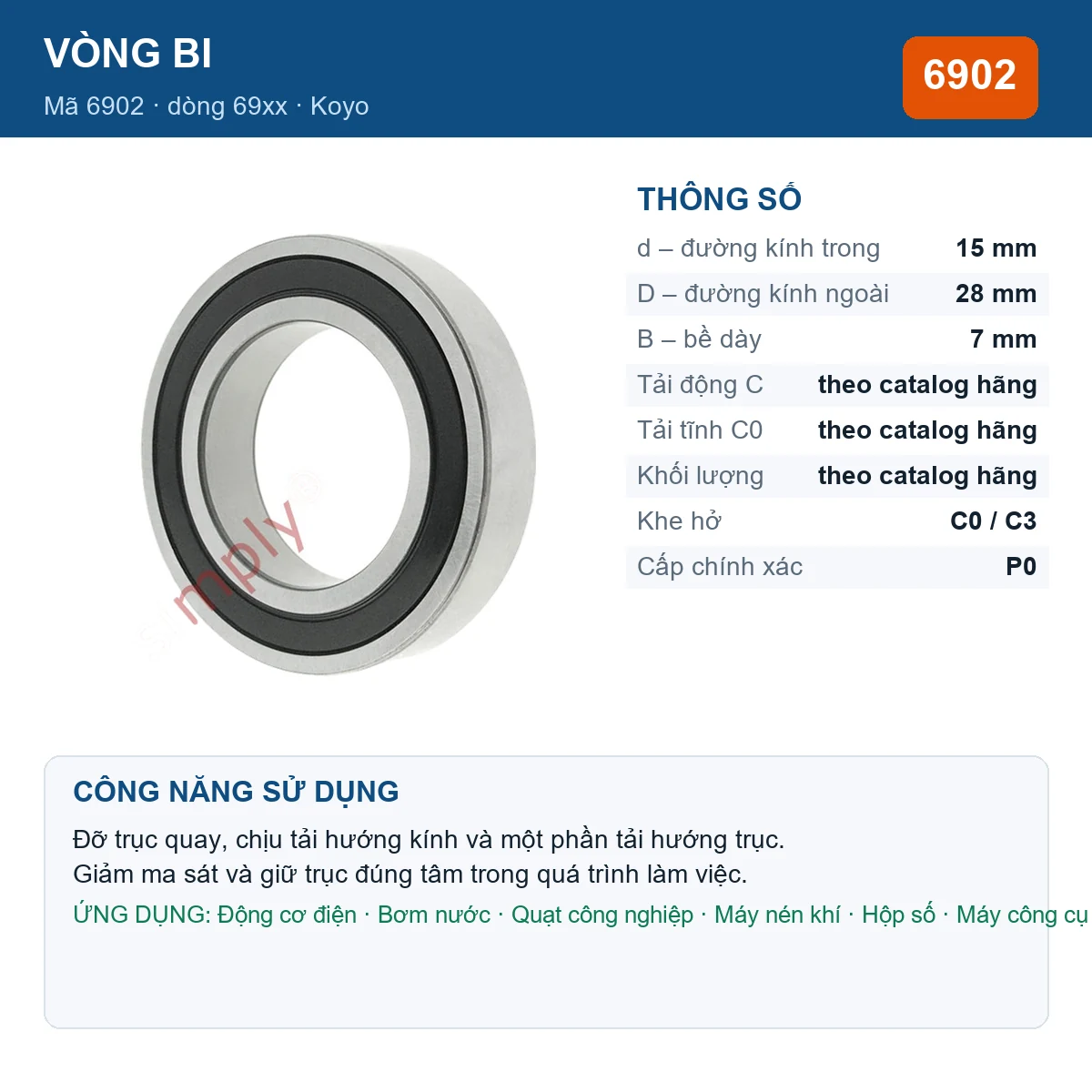 Vòng bi KOYO 6902 — kích thước 15x28x7mm